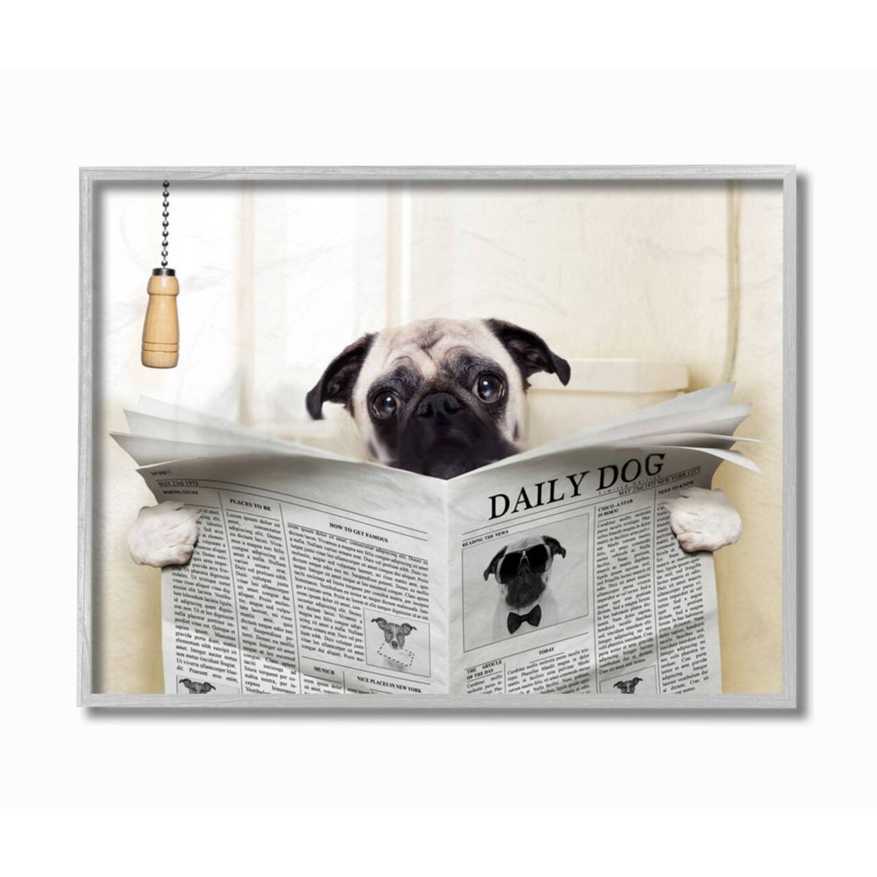 Stupell Industries Pug Reading Newspaper in Bathroom Wall Art in Gray Frame
